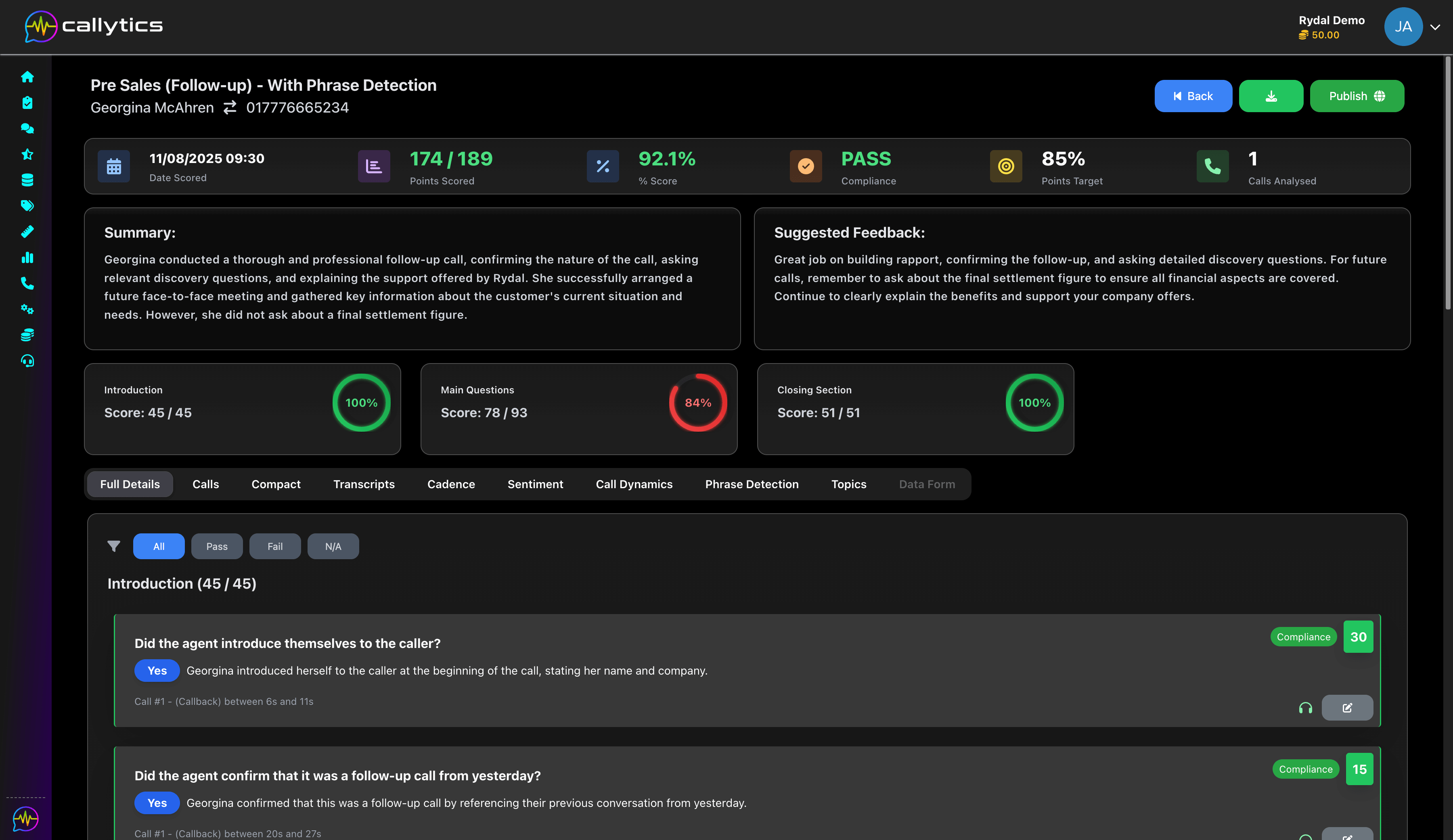 Call Analytics dashboard