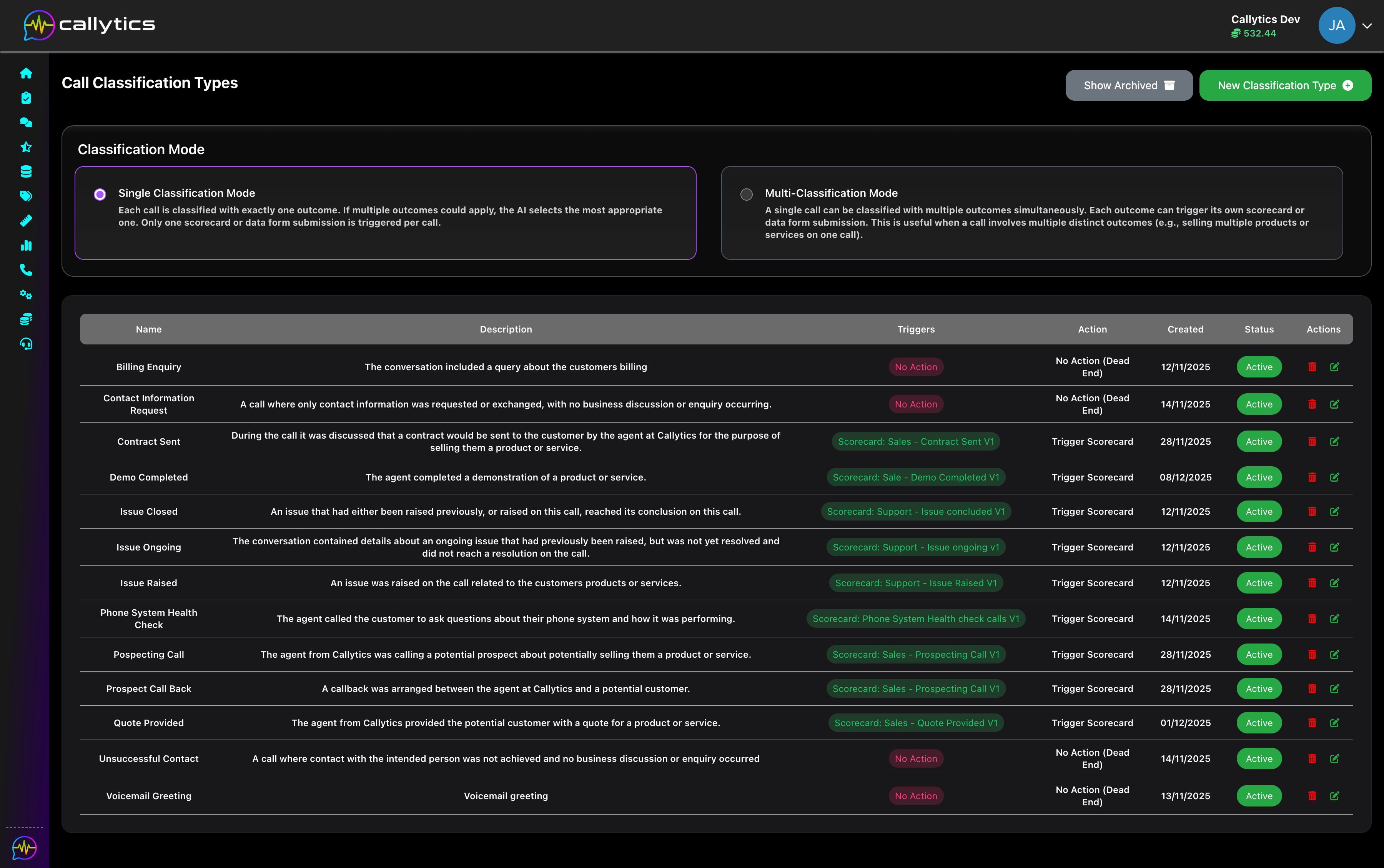 Call Classification screenshot
